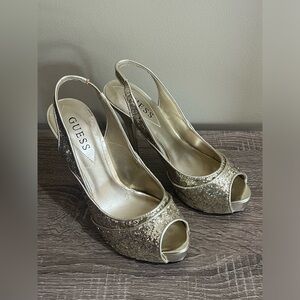 Guess Gold Glitter Slingback Heels Women’s Size 6.5